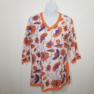 Gretchen Scott Floral Print Tunic Top Cotton White Blue Orange Size Small